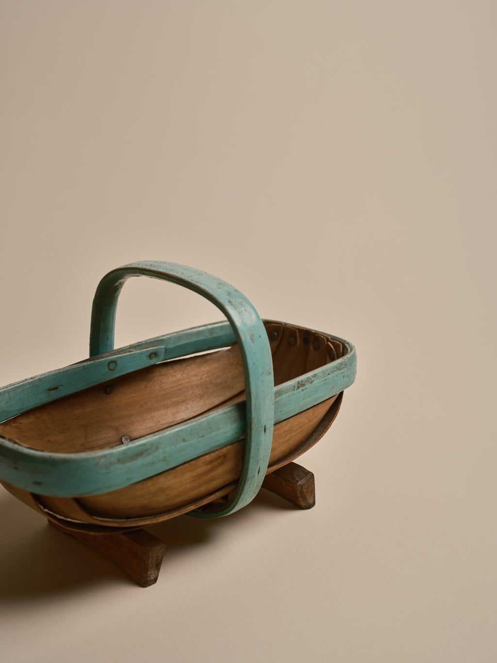 Vintage Wooden Trug Basket with Green Rim